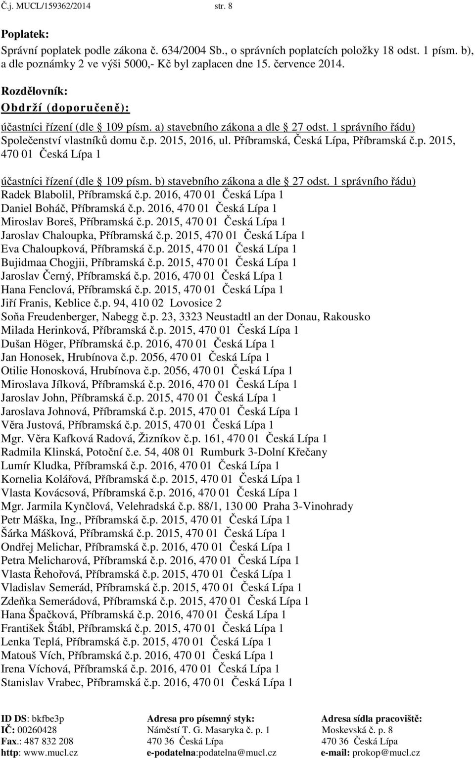 Příbramská, Česká Lípa, Příbramská č.p. 2015, 470 01 Česká Lípa 1 účastníci řízení (dle 109 písm. b) stavebního zákona a dle 27 odst. 1 správního řádu) Radek Blabolil, Příbramská č.p. 2016, 470 01 Česká Lípa 1 Daniel Boháč, Příbramská č.