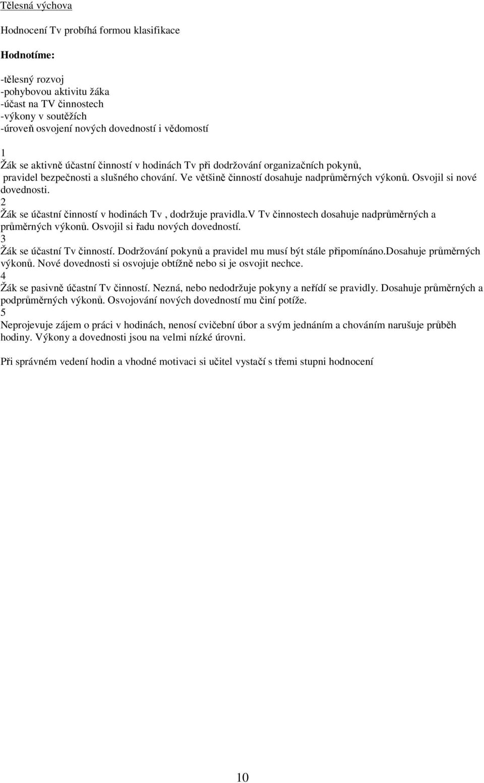 2 Žák se účastní činností v hodinách Tv, dodržuje pravidla.v Tv činnostech dosahuje nadprůměrných a průměrných výkonů. Osvojil si řadu nových dovedností. 3 Žák se účastní Tv činností.