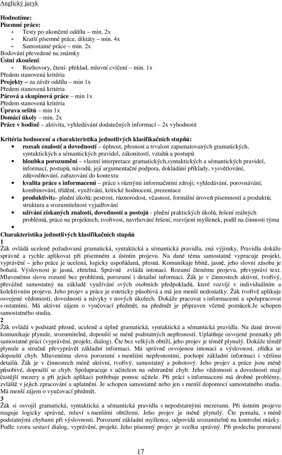 1x Předem stanovená kritéria Projekty za závěr oddílu min 1x Předem stanovená kritéria Párová a skupinová práce min 1x Předem stanovená kritéria Úprava sešitů min 1x Domácí úkoly min.