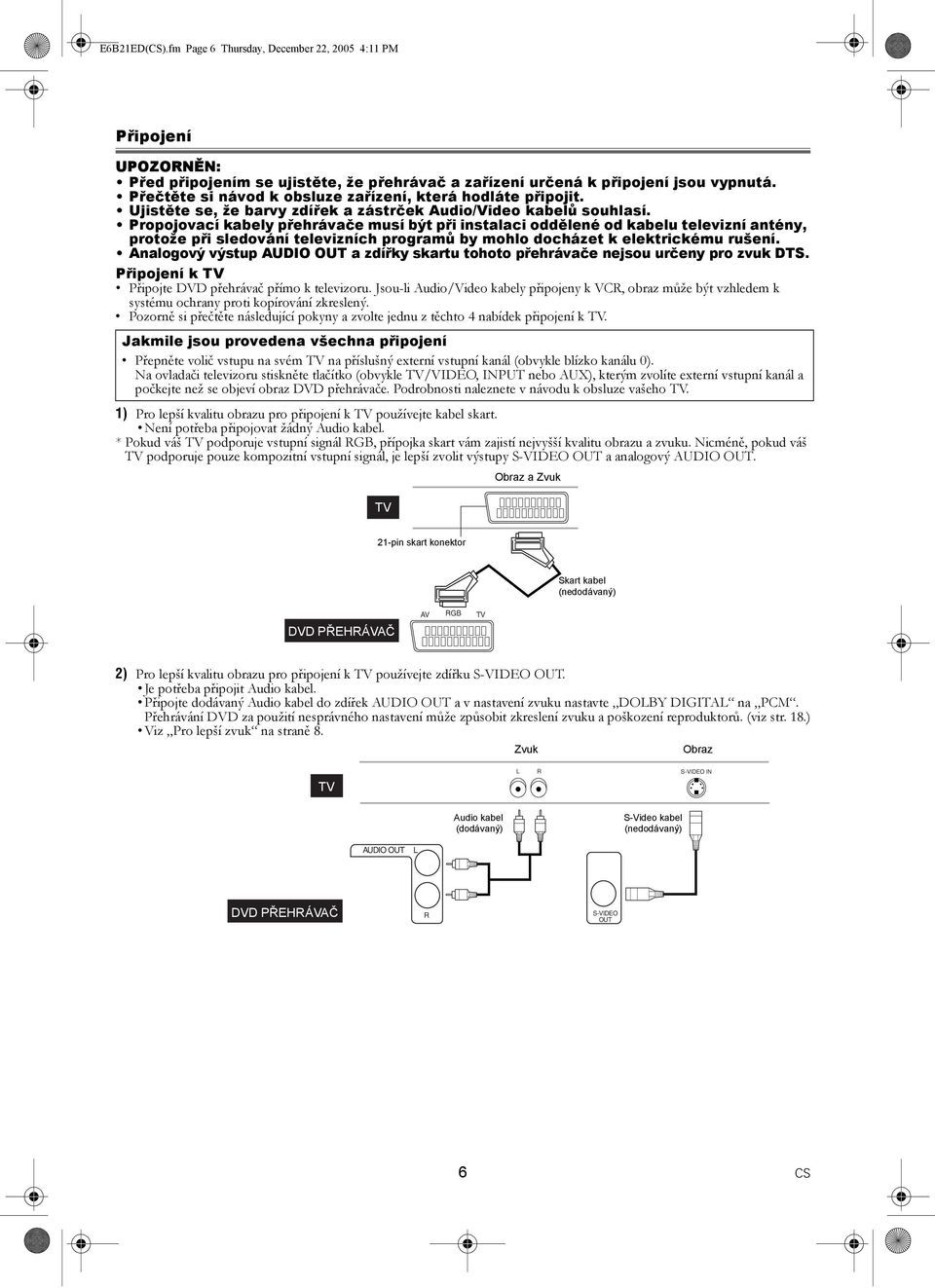 Propojovací kabely přehrávače musí být při instalaci oddělené od kabelu televizní antény, protože při sledování televizních programů by mohlo docházet k elektrickému rušení.