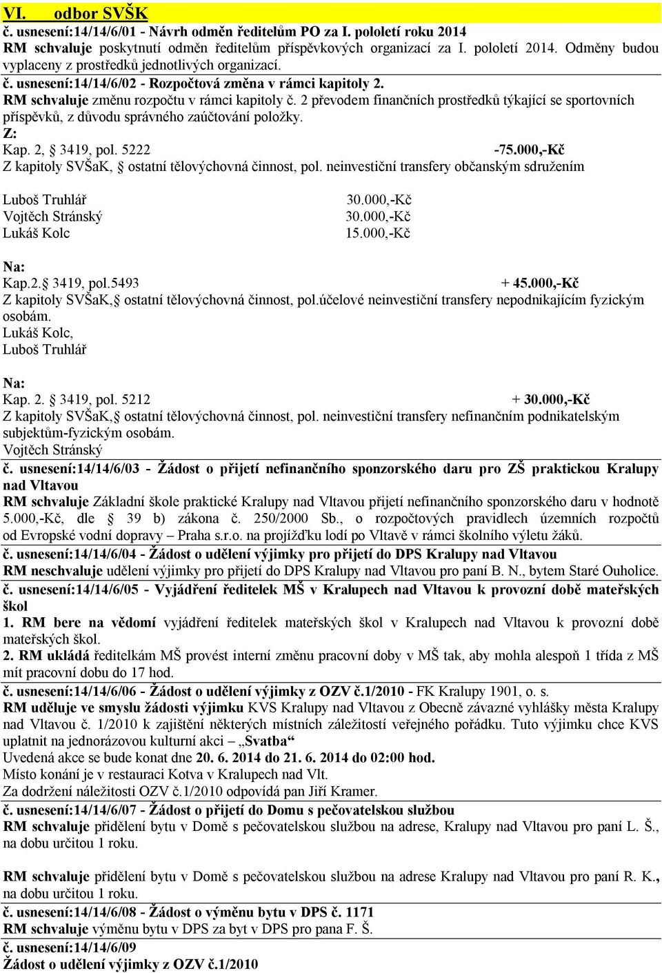 2 převodem finančních prostředků týkající se sportovních příspěvků, z důvodu správného zaúčtování položky. Z: Kap. 2, 3419, pol. 5222-75.000,-Kč Z kapitoly SVŠaK, ostatní tělovýchovná činnost, pol.