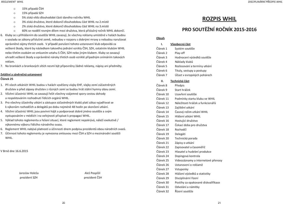 místě o 60% se rozdělí rovným dílem mezi družstva, která příslušný ročník HIL dokončí. a termínech 6.