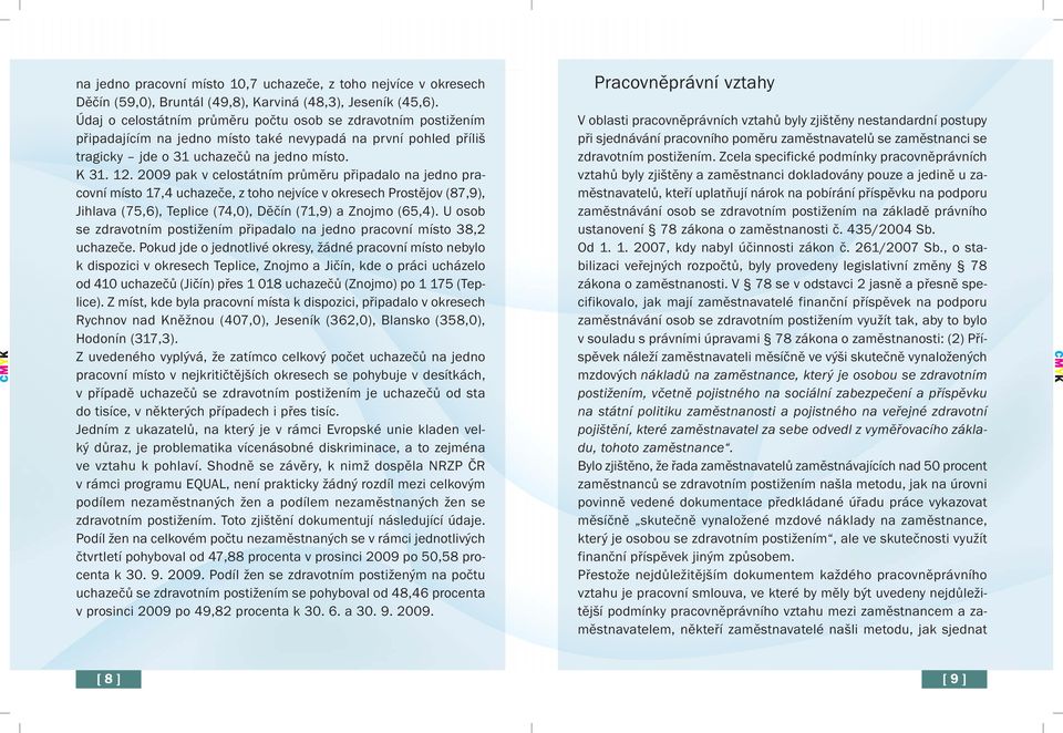 2009 pak v celostátním průměru připadalo na jedno pracovní místo 17,4 uchazeče, z toho nejvíce v okresech Prostějov (87,9), Jihlava (75,6), Teplice (74,0), Děčín (71,9) a Znojmo (65,4).