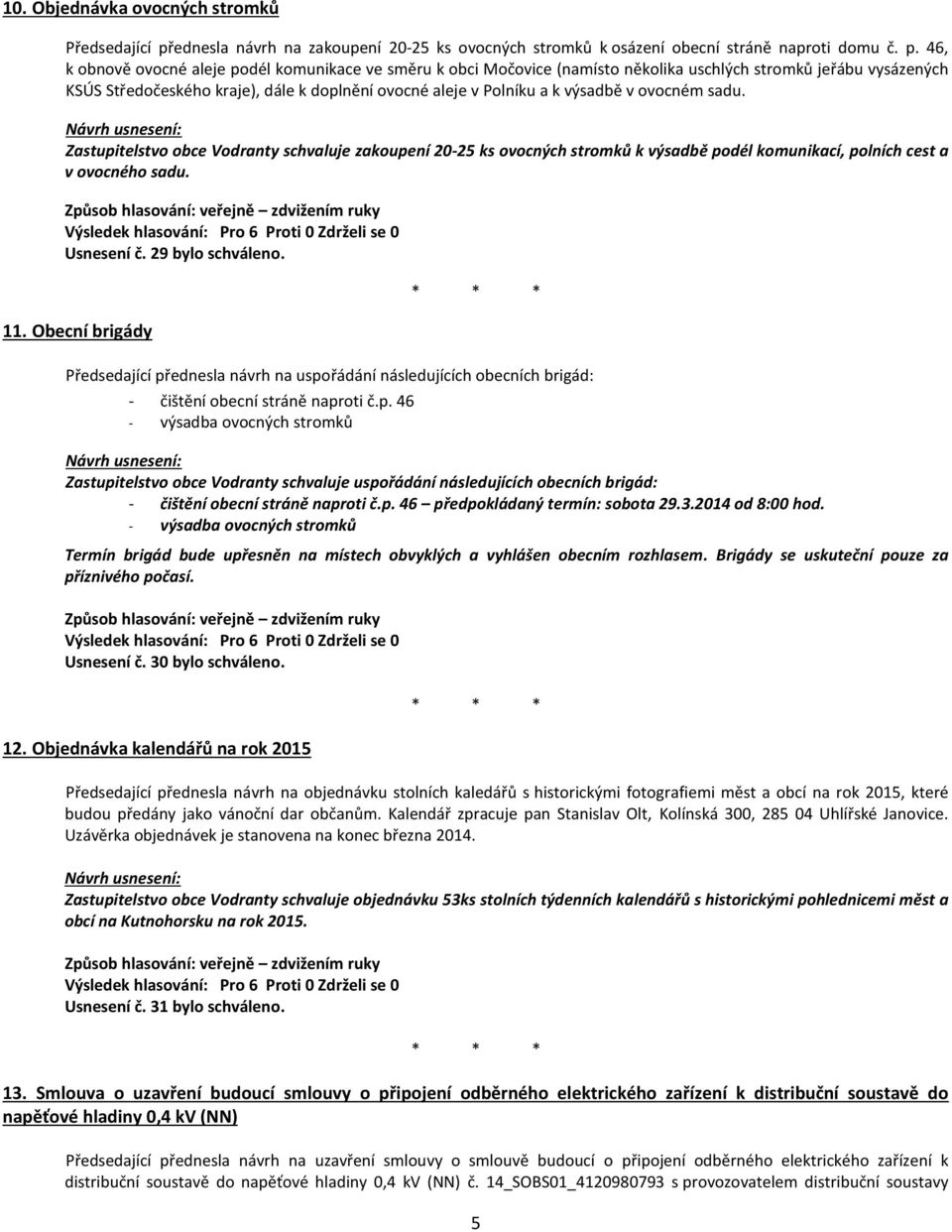 46, k obnově ovocné aleje podél komunikace ve směru k obci Močovice (namísto několika uschlých stromků jeřábu vysázených KSÚS Středočeského kraje), dále k doplnění ovocné aleje v Polníku a k výsadbě