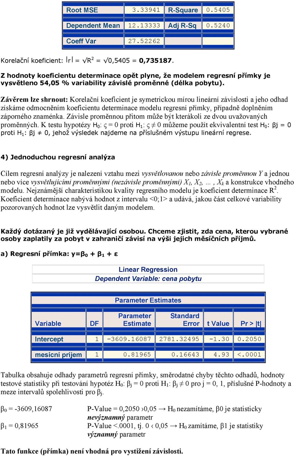 Závěrem lze shrnout: Korelační koeficient je symetrickou mírou lineární závislosti a jeho odhad získáme odmocněním koeficientu determinace modelu regresní přímky, případně doplněním záporného