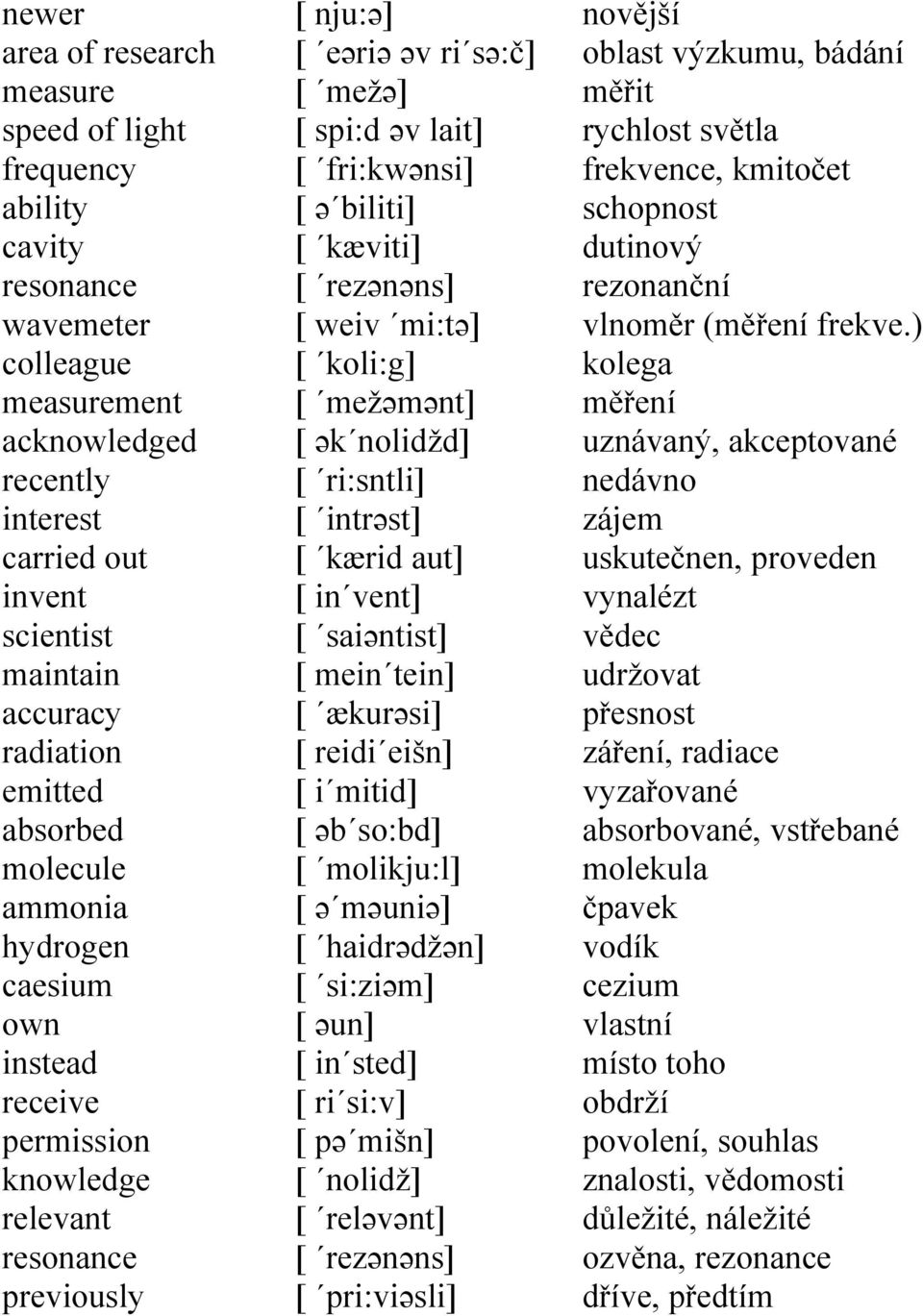 [ ə biliti] [ kæviti] [ rezənəns] [ weiv mi:tə] [ koli:g] [ mežəmənt] [ ək nolidžd] [ ri:sntli] [ intrəst] [ kærid aut] [ in vent] [ saiəntist] [ mein tein] [ ækurəsi] [ reidi eišn] [ i mitid] [ əb