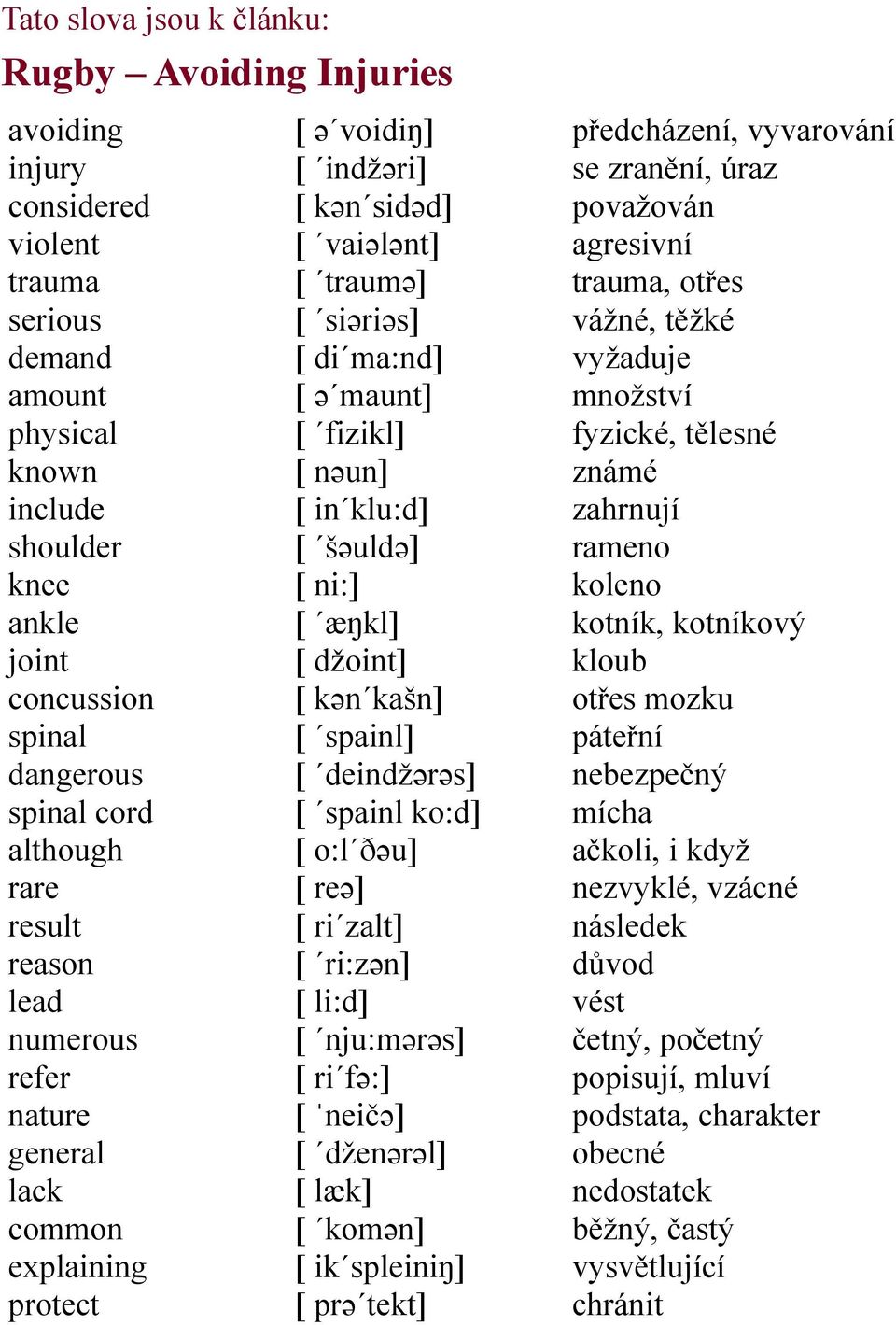 fizikl] [ nəun] [ in klu:d] [ šəuldə] [ ni:] [ æŋkl] [ džoint] [ kən kašn] [ spainl] [ deindžərəs] [ spainl ko:d] [ o:l ðəu] [ reə] [ ri zalt] [ ri:zən] [ li:d] [ nju:mərəs] [ ri fə:] [ ˈneičə] [