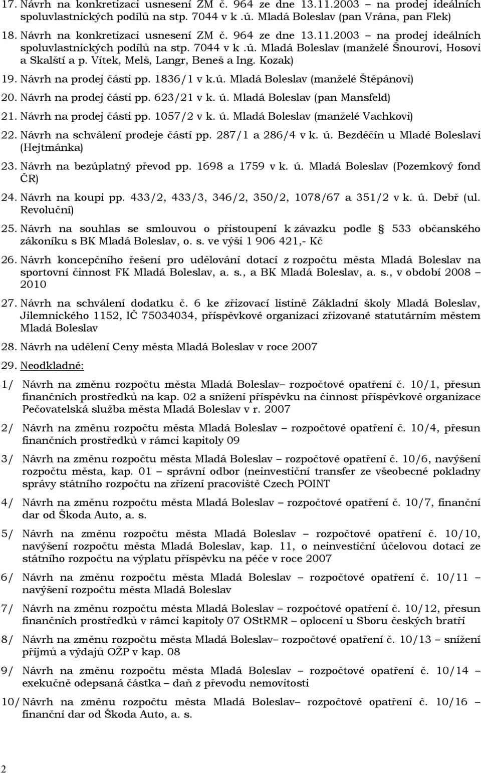 Vítek, Melš, Langr, Beneš a Ing. Kozak) 19. Návrh na prodej části pp. 1836/1 v k.ú. Mladá Boleslav (manželé Štěpánovi) 20. Návrh na prodej části pp. 623/21 v k. ú. Mladá Boleslav (pan Mansfeld) 21.