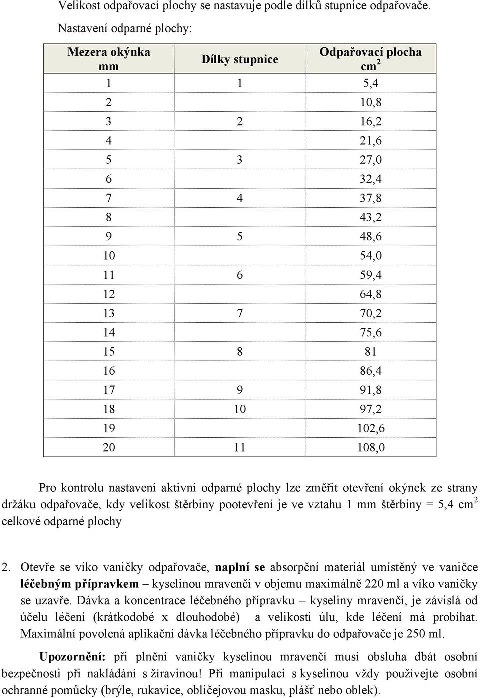 8 81 16 86,4 17 9 91,8 18 10 97,2 19 102,6 20 11 108,0 Pro kontrolu nastavení aktivní odparné plochy lze změřit otevření okýnek ze strany držáku odpařovače, kdy velikost štěrbiny pootevření je ve