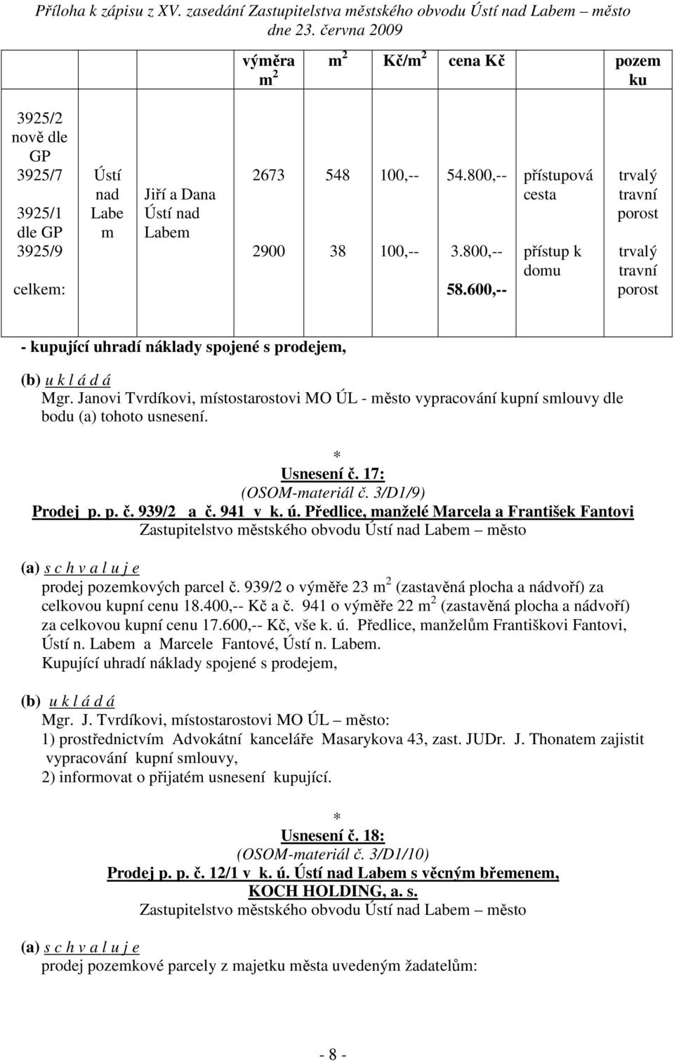 Usnesení č. 17: (OSOM-materiál č. 3/D1/9) Prodej p. p. č. 939/2 a č. 941 v k. ú. Předlice, manželé Marcela a František Fantovi prodej pozemkových parcel č.