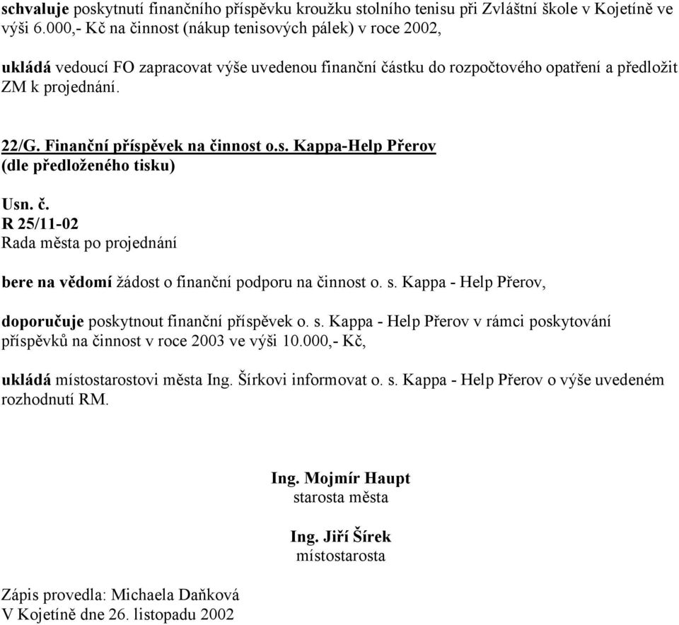 Finanční příspěvek na činnost o.s. Kappa-Help Přerov R 25/11-02 bere na vědomí žádost o finanční podporu na činnost o. s.