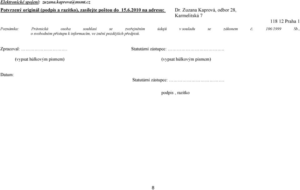 Zuzana Kaprová, odbor 28, Karmelitská 7 118 12 Praha 1 Poznámka: Právnická osoba souhlasí se zveřejněním údajů v