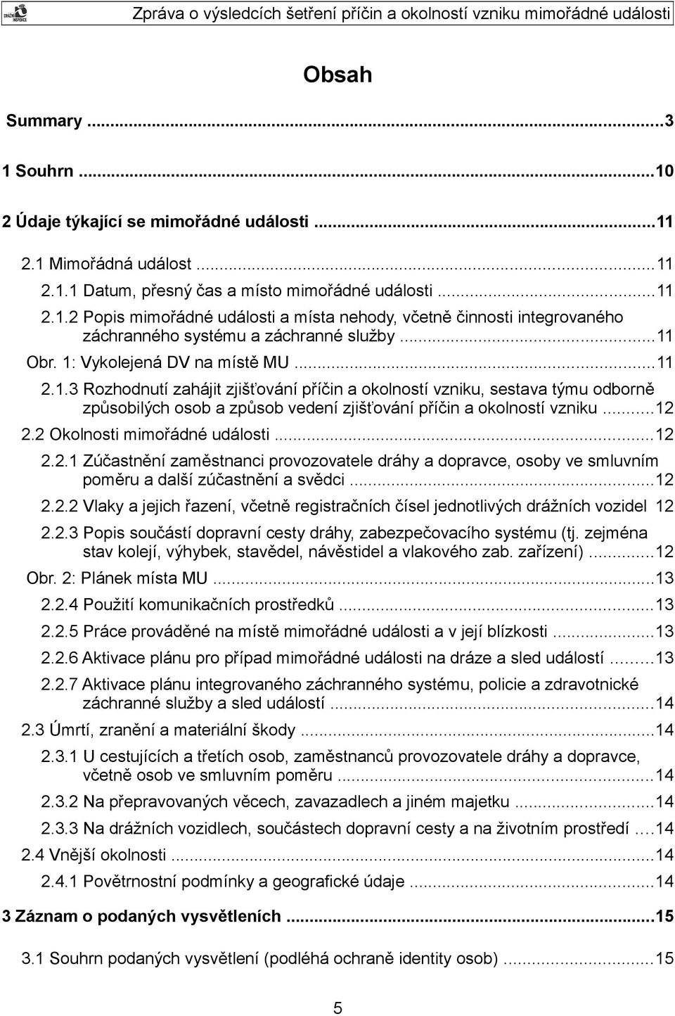 ..12 2.2 Okolnosti mimořádné události...12 2.2.1 Zúčastnění zaměstnanci provozovatele dráhy a dopravce, osoby ve smluvním poměru a další zúčastnění a svědci...12 2.2.2 Vlaky a jejich řazení, včetně registračních čísel jednotlivých drážních vozidel 12 2.