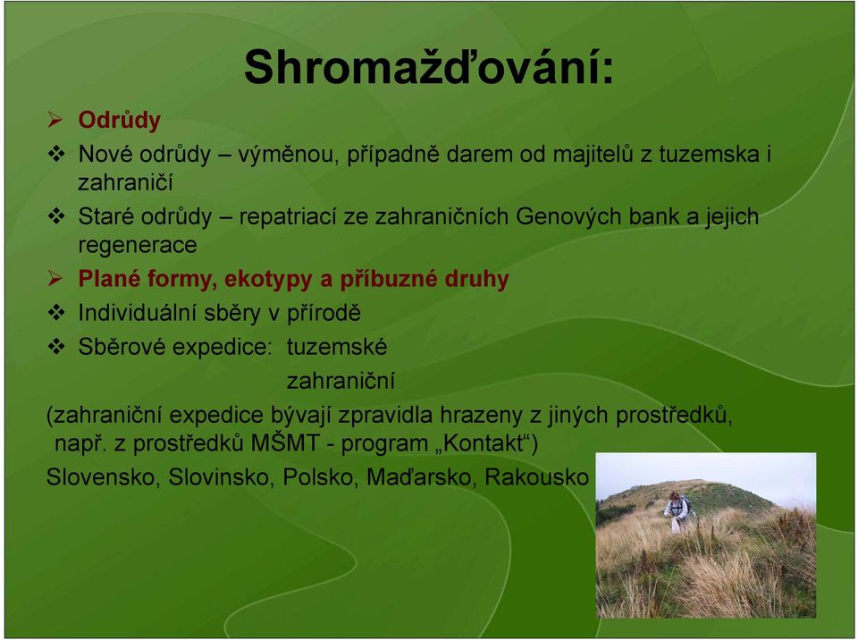 Individuální sběry v přírodě Sběrové expedice: tuzemské zahraniční (zahraniční expedice bývají zpravidla