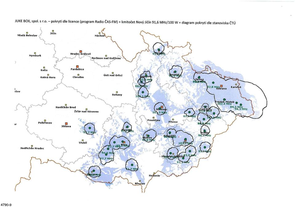 - pokrytí dle licence (program Radlo ČAS-FM)