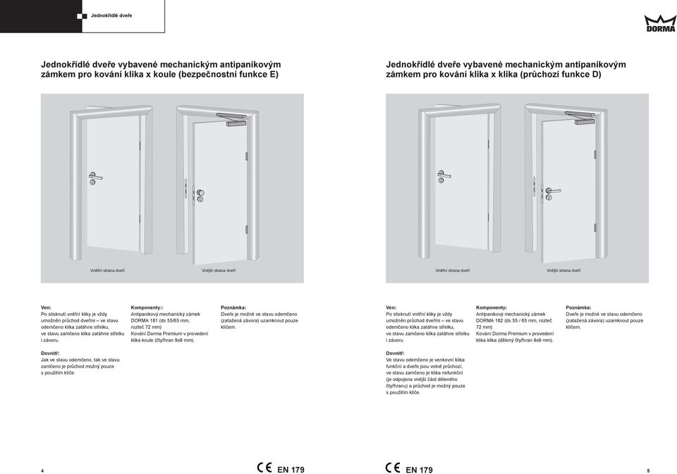 : Antipanikový mechanický zámek DORMA 181 (ds 55/65 mm, rozteč 72 mm) klika koule (čtyřhran 9x9 mm). Dveře je možné ve stavu odemčeno (zatažená závora) uzamknout pouze klíčem.