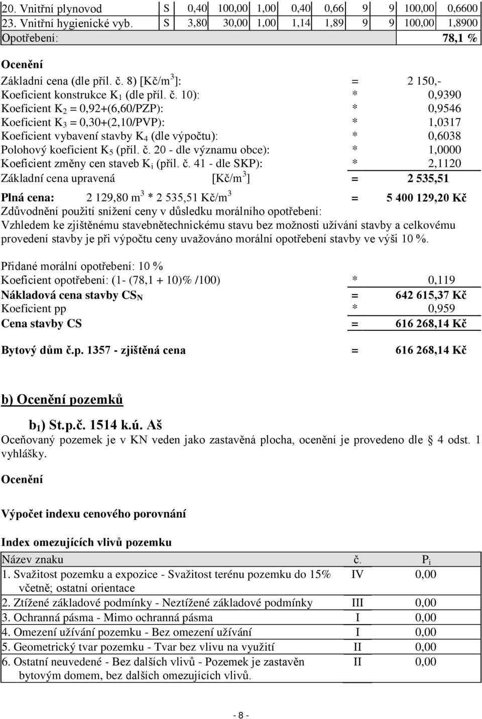 10): * 0,9390 Koeficient K 2 = 0,92+(6,60/PZP): * 0,9546 Koeficient K 3 = 0,30+(2,10/PVP): * 1,0317 Koeficient vybavení stavby K 4 (dle výpočtu): * 0,6038 Polohový koeficient K 5 (příl. č.