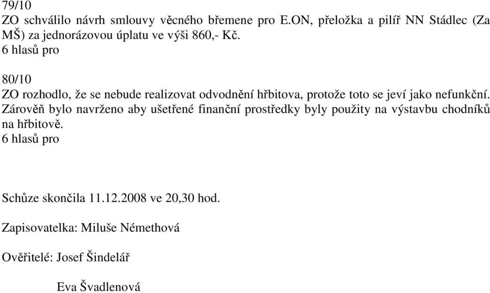 80/10 ZO rozhodlo, že se nebude realizovat odvodnění hřbitova, protože toto se jeví jako nefunkční.