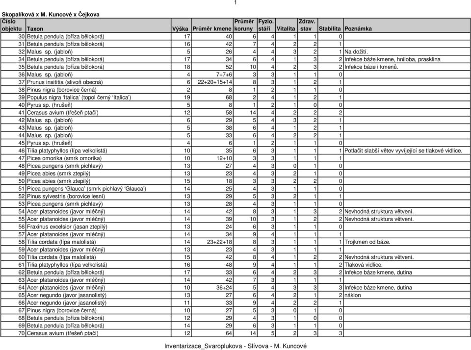 (jabloň) 5 26 4 4 3 2 1 Na dožití. 34 Betula pendula (bříza bělokorá) 17 34 6 4 1 3 2 Infekce báźe kmene, hniloba, prasklina 35 Betula pendula (bříza bělokorá) 18 52 10 4 2 3 2 Infekce báze i kmenů.