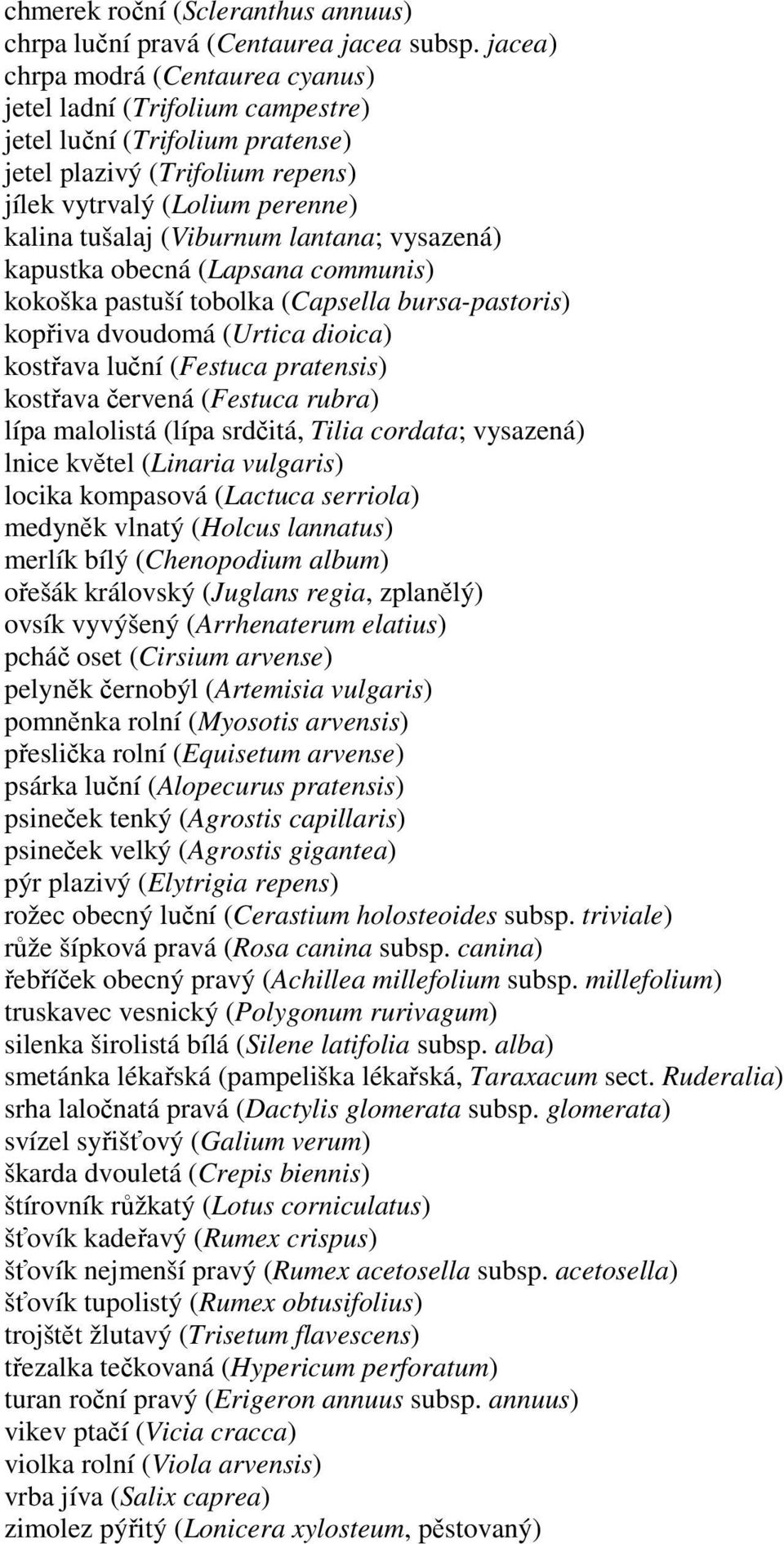lantana; vysazená) kapustka obecná (Lapsana communis) kokoška pastuší tobolka (Capsella bursa-pastoris) kostřava luční (Festuca pratensis) kostřava červená (Festuca rubra) lípa malolistá (lípa
