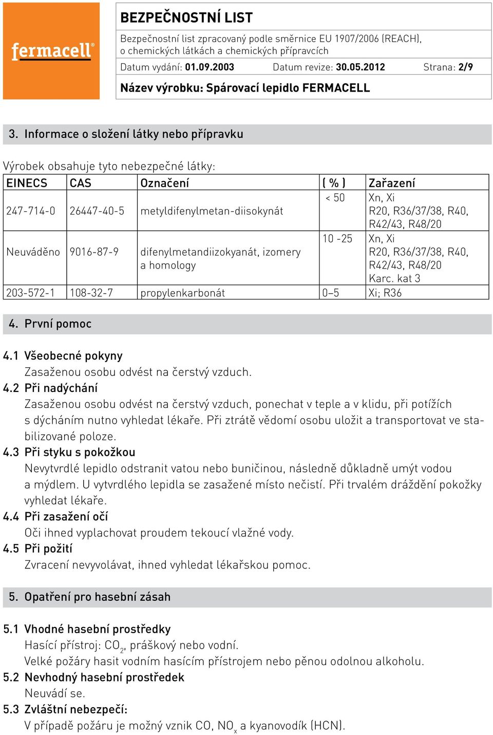 R42/43, R48/20 Neuváděno 9016-87-9 difenylmetandiizokyanát, izomery a homology 10-25 Xn, Xi R20, R36/37/38, R40, R42/43, R48/20 Karc. kat 3 203-572-1 108-32-7 propylenkarbonát 0 5 Xi; R36 4.