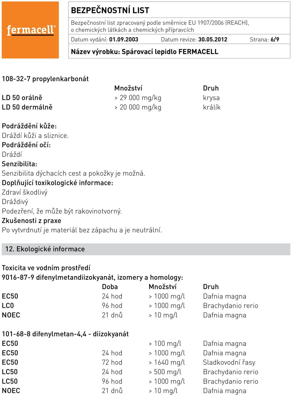 Podráždění očí: Dráždí Senzibilita: Senzibilita dýchacích cest a pokožky je možná. Doplňující toxikologické informace: Zdraví škodlivý Dráždivý Podezření, že může být rakovinotvorný.