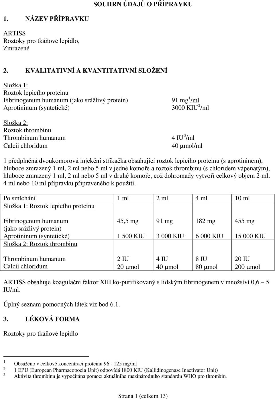 chloridum 91 mg 1 /ml 3000 KIU 2 /ml 4 IU 3 /ml 40 µmol/ml 1 předplněná dvoukomorová injekční stříkačka obsahující roztok lepicího proteinu (s aprotininem), hluboce zmrazený 1 ml, 2 ml nebo 5 ml v