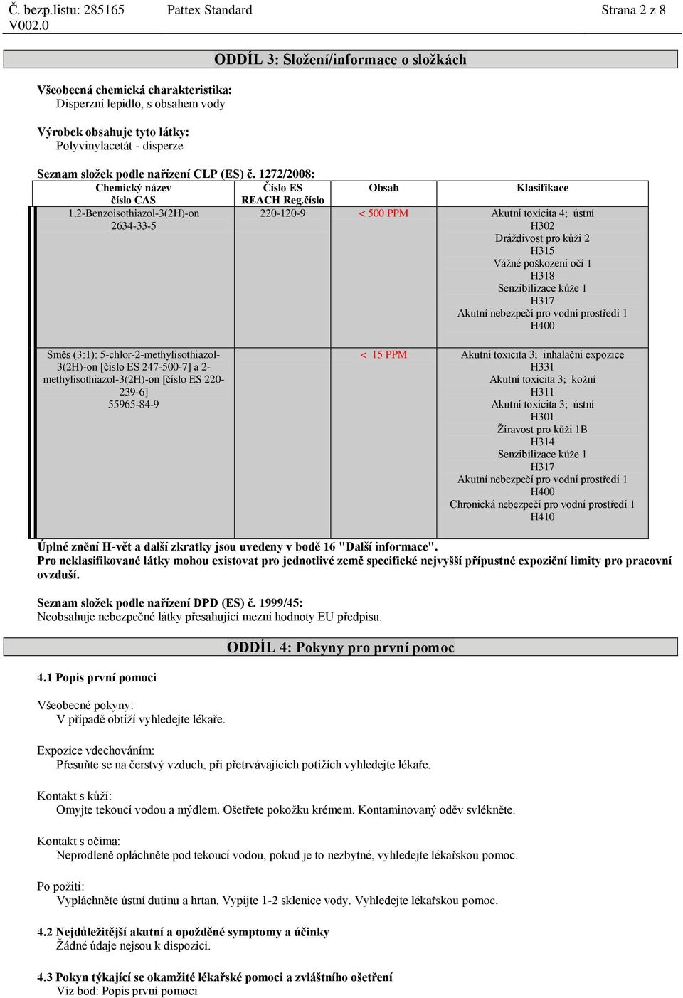 číslo 220-120-9 < 500 PPM Akutní toxicita 4; ústní H302 Dráždivost pro kůži 2 H315 Vážné poškození očí 1 H318 Senzibilizace kůže 1 H317 Akutní nebezpečí pro vodní prostředí 1 H400 Směs (3:1):