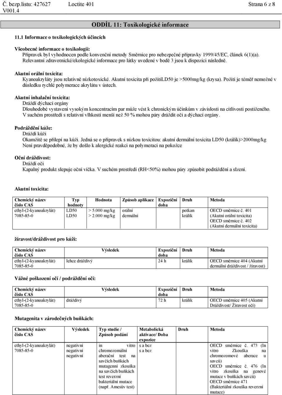 1999/45/EC, článek 6(1)(a). Relevantní zdravotnické/ekologické informace pro látky uvedené v bodě 3 jsou k dispozici následně. Akutní orální toxicita: Kyanoakryláty jsou relativně nízkotoxické.