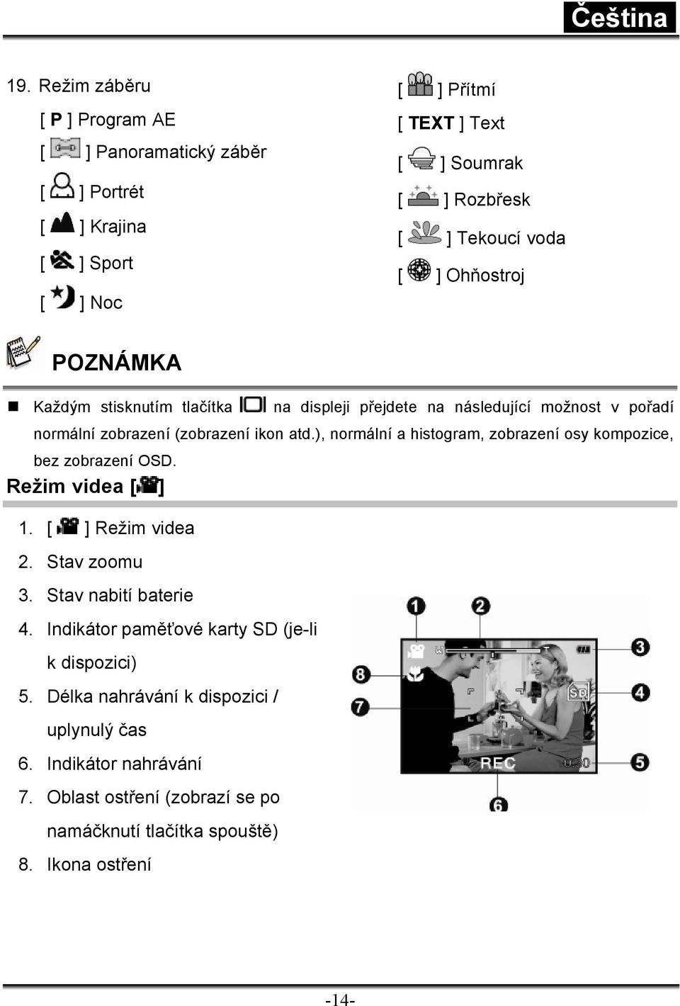 ), normální a histogram, zobrazení osy kompozice, bez zobrazení OSD. Režim videa [ ] 1. [ ] Režim videa 2. Stav zoomu 3. Stav nabití baterie 4.