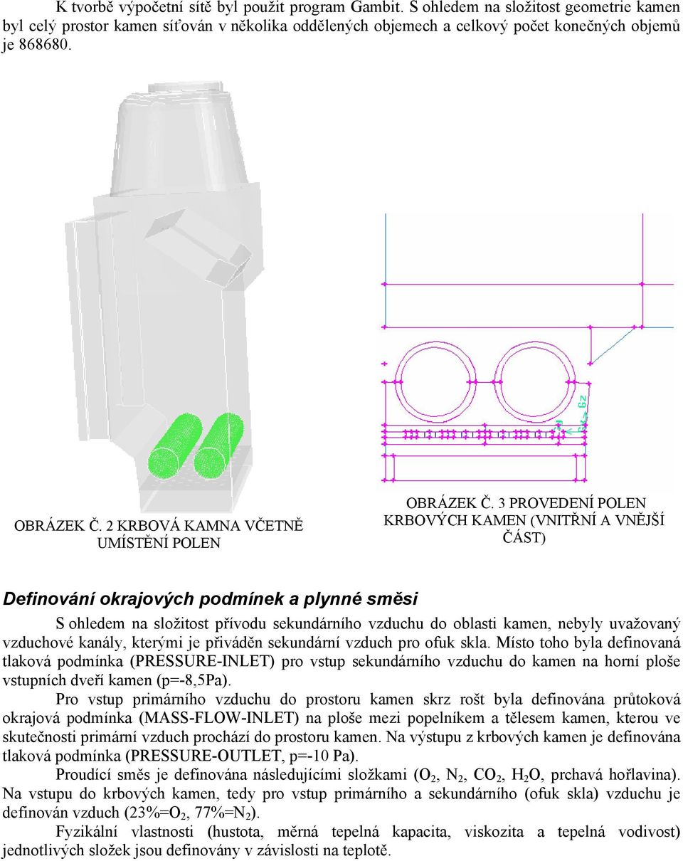 3 PROVEDENÍ POLEN KRBOVÝCH KAMEN (VNITŘNÍ A VNĚJŠÍ ČÁST) Definování okrajových podmínek a plynné směsi S ohledem na složitost přívodu sekundárního vzduchu do oblasti kamen, nebyly uvažovaný vzduchové