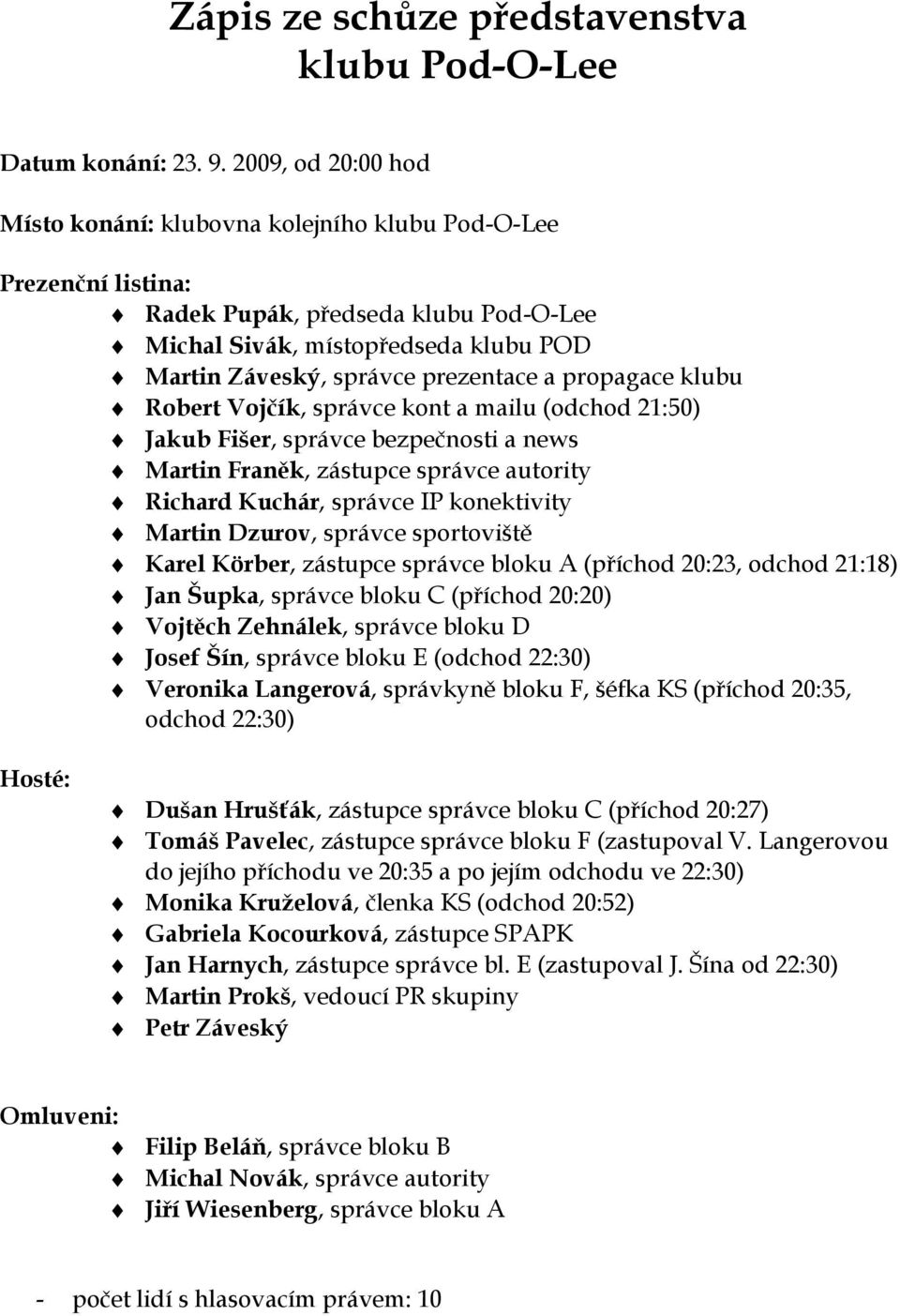 propagace klubu Robert Vojčík, správce kont a mailu (odchod 21:50) Jakub Fišer, správce bezpečnosti a news Martin Franěk, zástupce správce autority Richard Kuchár, správce IP konektivity Martin