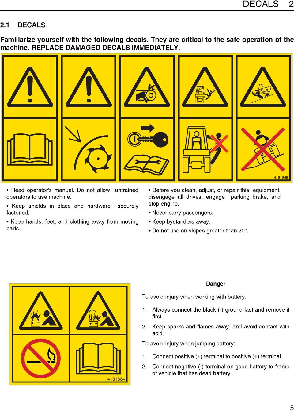 Before you clean, adjust, or repair this equipment, disengage all drives, engage parking brake, and stop engine. Never carry passengers. Keep bystanders away. Do not use on slopes greater than 20.