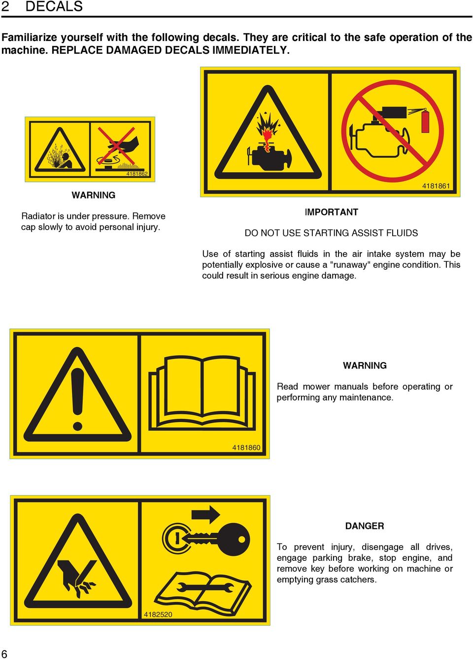 IMPORTANT DO NOT USE STARTING ASSIST FLUIDS 4181861 Use of starting assist fluids in the air intake system may be potentially explosive or cause a "runaway" engine condition.