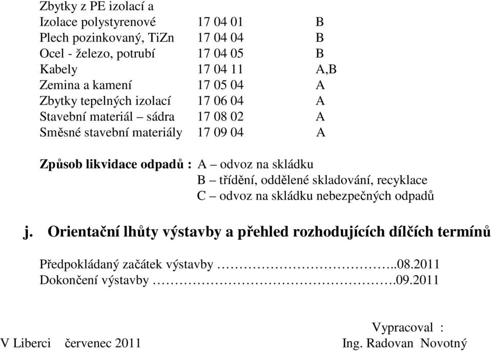 likvidace odpadů : A odvoz na skládku B třídění, oddělené skladování, recyklace C odvoz na skládku nebezpečných odpadů j.