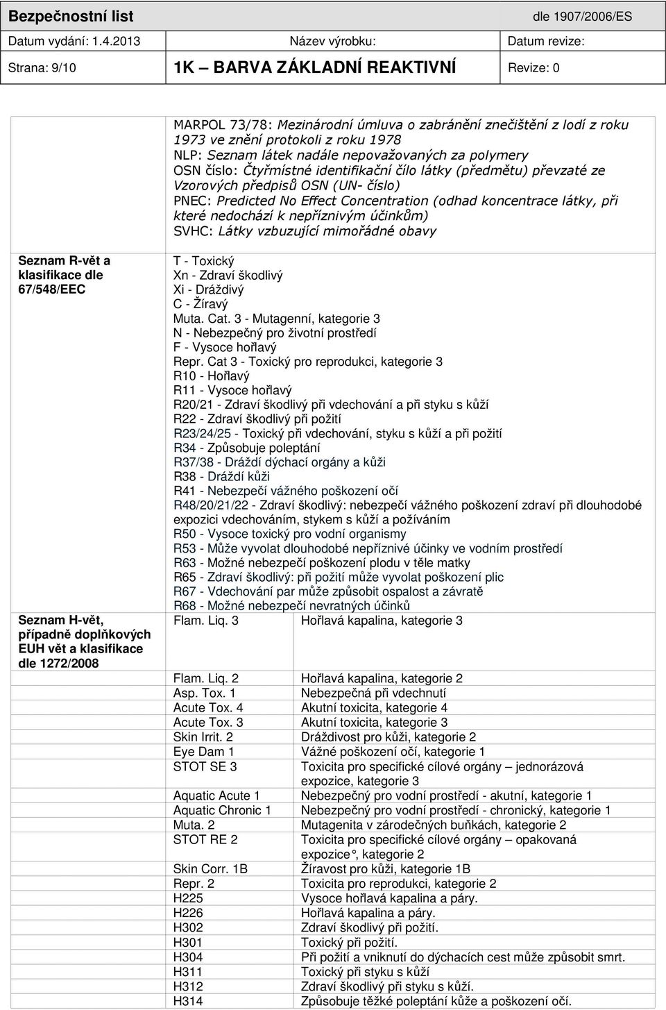 k nepříznivým účinkům) SVHC: Látky vzbuzující mimořádné obavy Seznam R-vět a klasifikace dle 67/548/EEC Seznam H-vět, případně doplňkových EUH vět a klasifikace dle 1272/2008 T - Toxický Xn - Zdraví