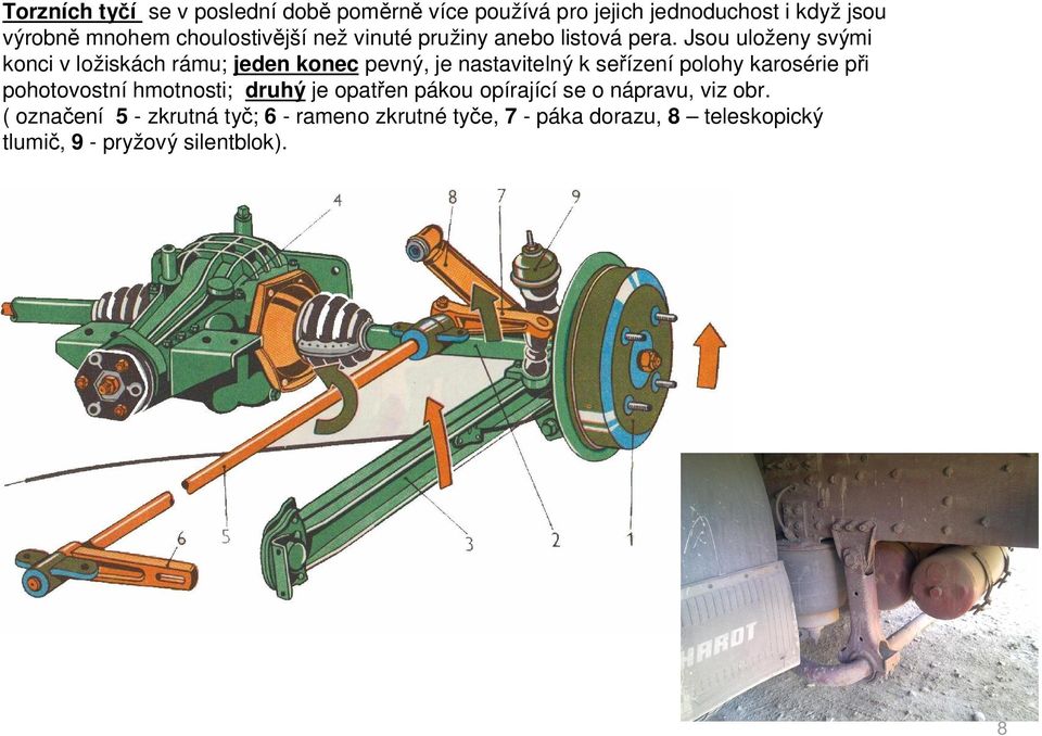 Jsou uloženy svými konci v ložiskách rámu; jeden konec pevný, je nastavitelný k se ízení polohy karosérie p i