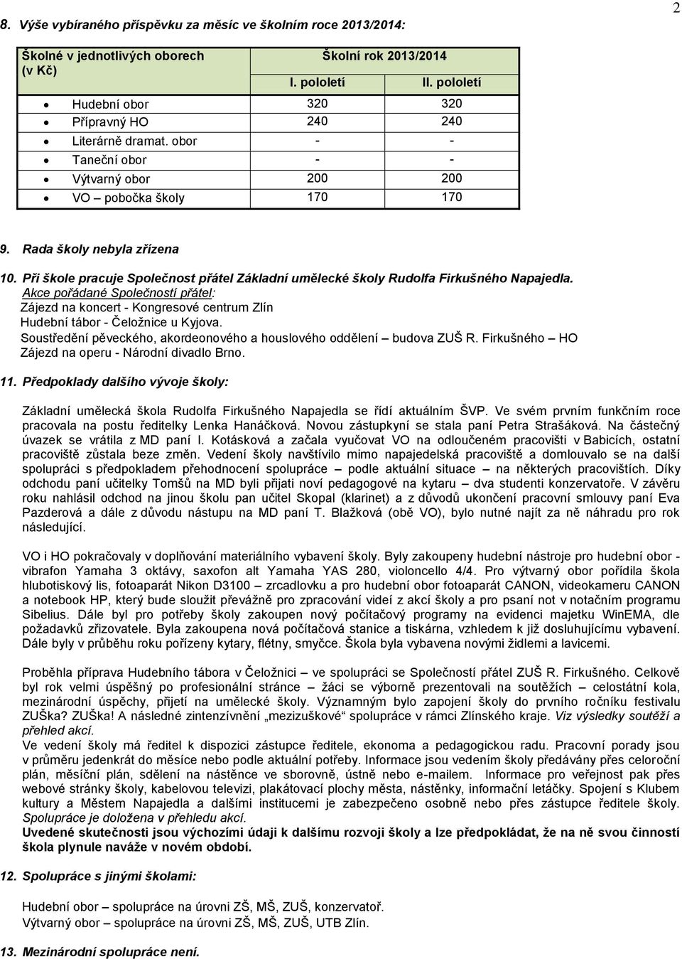 Při škole pracuje Společnost přátel Základní umělecké školy Rudolfa Firkušného Napajedla.