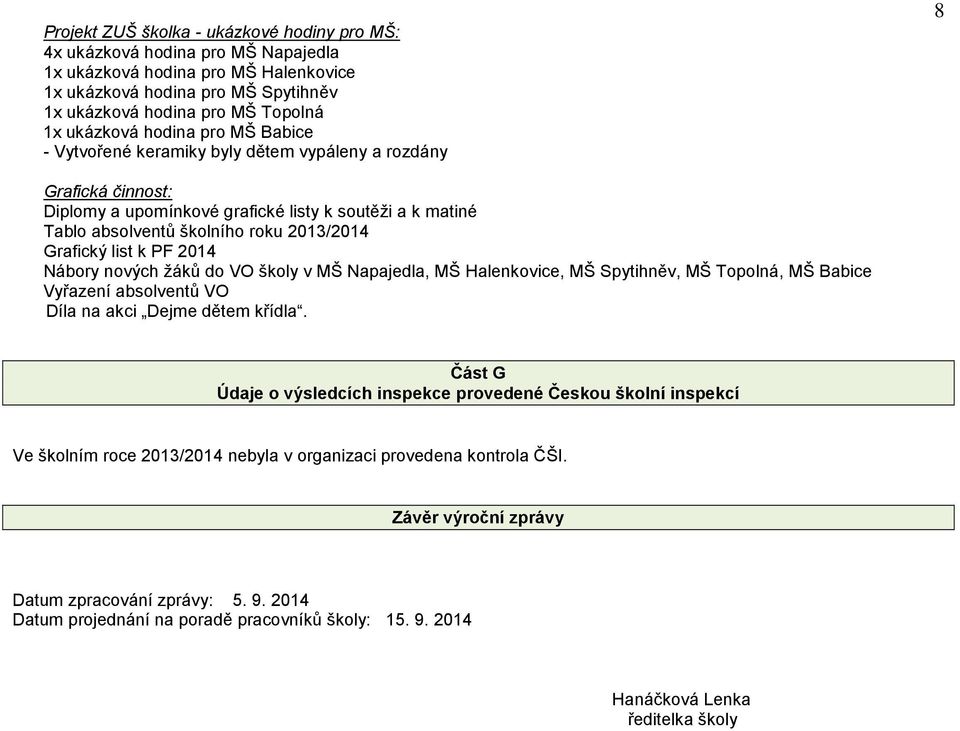 Grafický list k PF 2014 Nábory nových žáků do VO školy v MŠ Napajedla, MŠ Halenkovice, MŠ Spytihněv, MŠ Topolná, MŠ Babice Vyřazení absolventů VO Díla na akci Dejme dětem křídla.