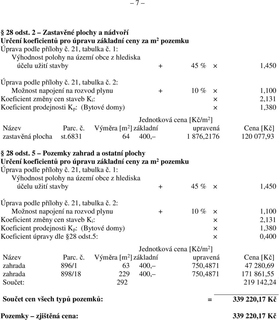 2: Možnost napojení na rozvod plynu + 10 % 1,100 Koeficient změny cen staveb K i : 2,131 Koeficient prodejnosti K p : (Bytové domy) 1,380 Jednotková cena [Kč/m 2 ] Název Parc. č.