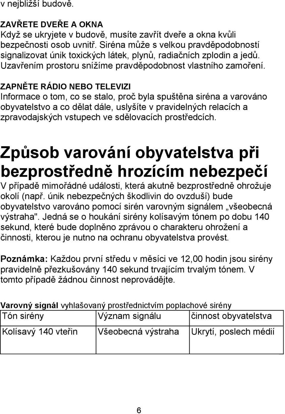 ZAPNĚTE RÁDIO NEBO TELEVIZI Informace o tom, co se stalo, proč byla spuštěna siréna a varováno obyvatelstvo a co dělat dále, uslyšíte v pravidelných relacích a zpravodajských vstupech ve sdělovacích