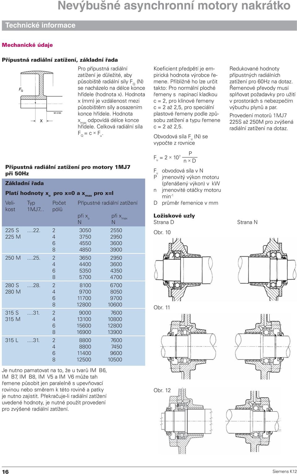 Přípustná radiální zatížení pro motory 1MJ7 při 50Hz Základní řada Platí hodnoty x o pro x=0 a x max pro x=l Veli- Typ Počet Přípustné radiální zatížení kost 1MJ7... pólů při x o při x max N N 225 S.