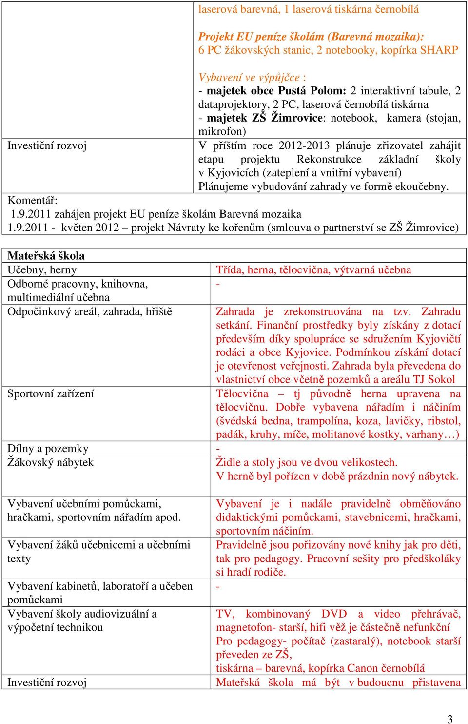 etapu projektu Rekonstrukce základní školy v Kyjovicích (zateplení a vnitřní vybavení) Plánujeme vybudování zahrady ve formě ekoučebny. Komentář: 1.9.