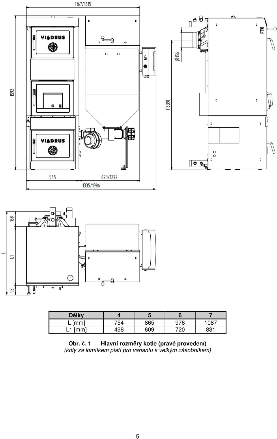 1 Hlavní rozměry kotle (pravé provedení)