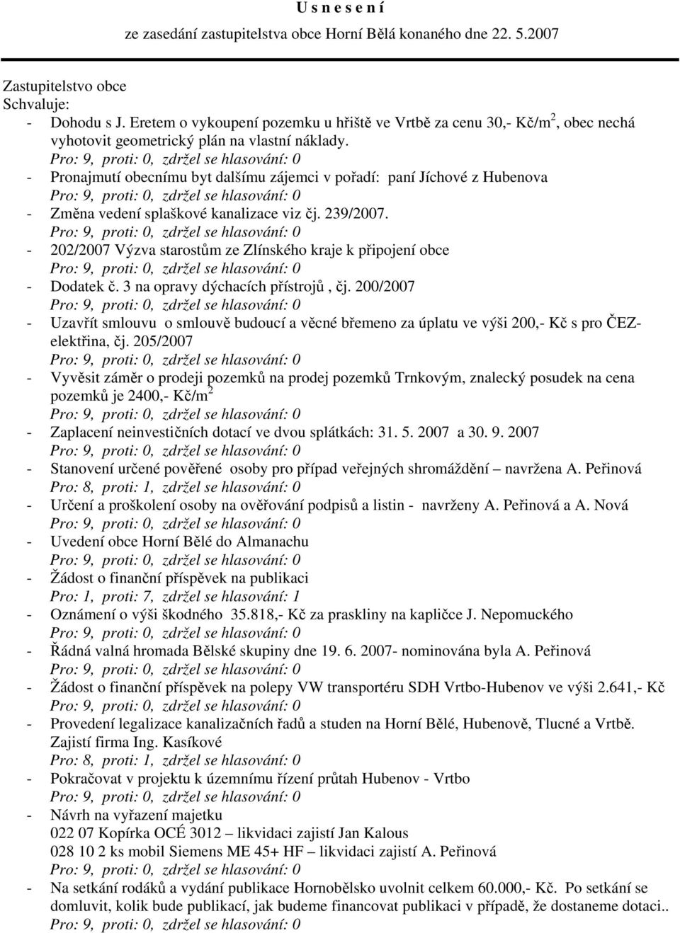 - Pronajmutí obecnímu byt dalšímu zájemci v pořadí: paní Jíchové z Hubenova - Změna vedení splaškové kanalizace viz čj. 239/2007.