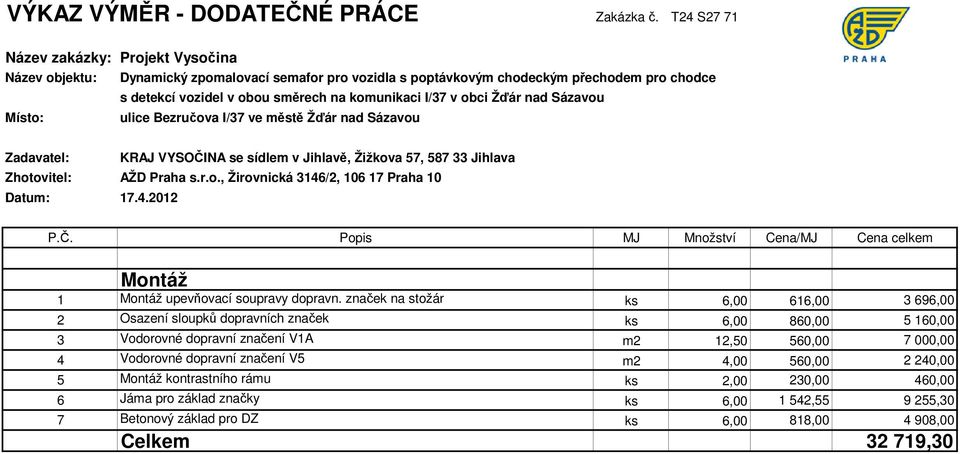 značek na stožár ks 6,00 616,00 3 696,00 2 Osazení sloupků dopravních značek ks 6,00 860,00 5 160,00 3 Vodorovné dopravní značení V1A m2 12,50 560,00 7 000,00 4