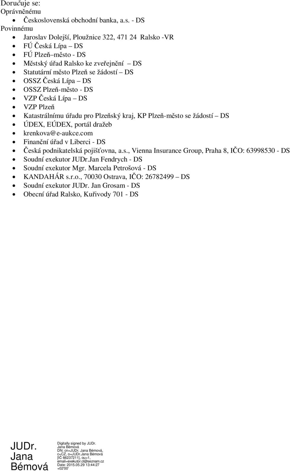 oslovenská obchodní banka, a.s. - DS Povinnému Jaroslav Dolejší, Ploužnice 322, 471 24 Ralsko -VR FÚ Česká Lípa DS FÚ Plzeň město - DS Městský úřad Ralsko ke zveřejnění DS Statutární
