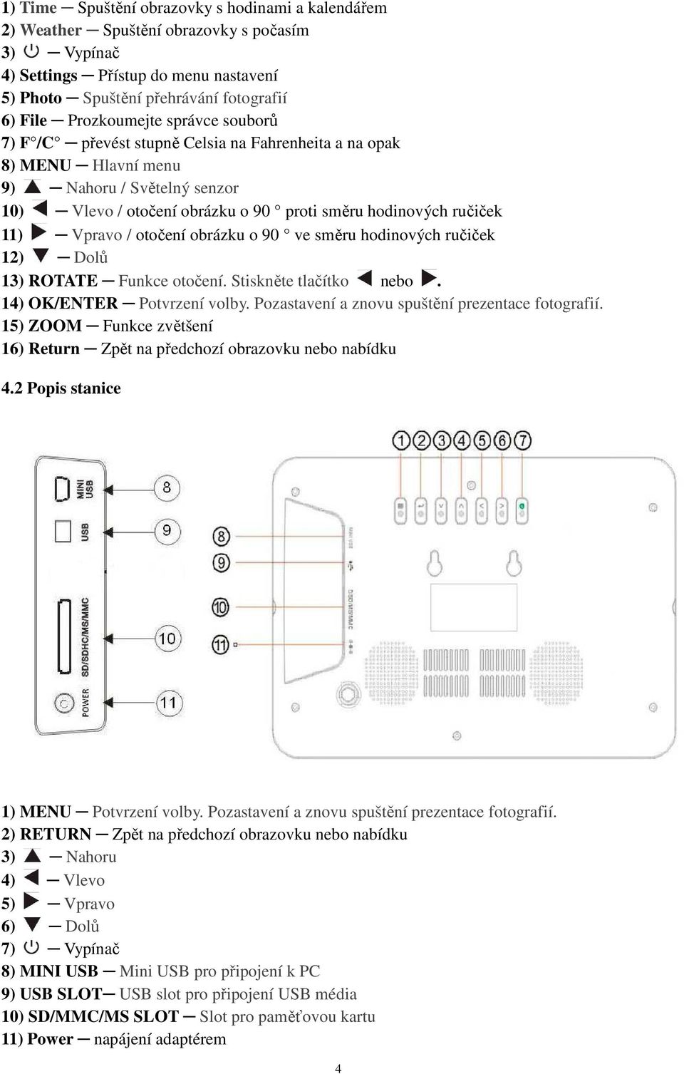 Vpravo / otočení obrázku o 90 ve směru hodinových ručiček 12) Dolů 13) ROTATE Funkce otočení. Stiskněte tlačítko nebo. 14) OK/ENTER Potvrzení volby. Pozastavení a znovu spuštění prezentace fotografií.