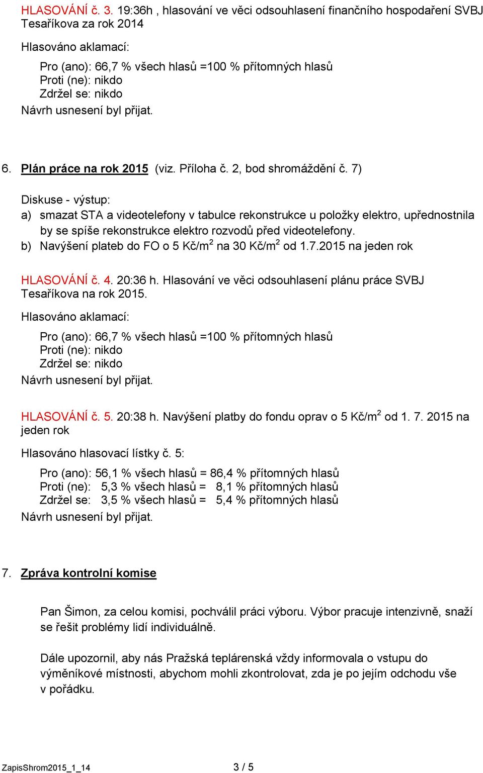 b) Navýšení plateb do FO o 5 Kč/m 2 na 30 Kč/m 2 od 1.7.2015 na jeden rok HLASOVÁNÍ č. 4. 20:36 h. Hlasování ve věci odsouhlasení plánu práce SVBJ Tesaříkova na rok 2015. HLASOVÁNÍ č. 5. 20:38 h.