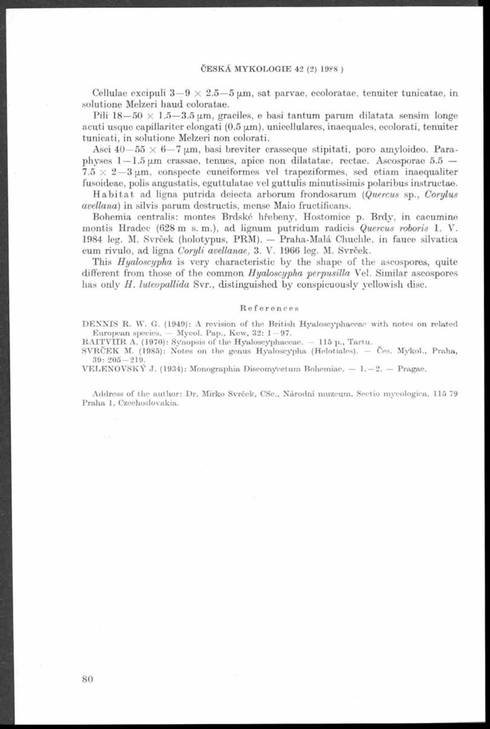 Asci 40 55 X 6 7 xm, basi breviter crasseque stip itati, poro amyloideo. P a ra physes 1 1.5 xm crassae, tenues, apice non dilatatae, rectae. Ascosporae 5.5 7.